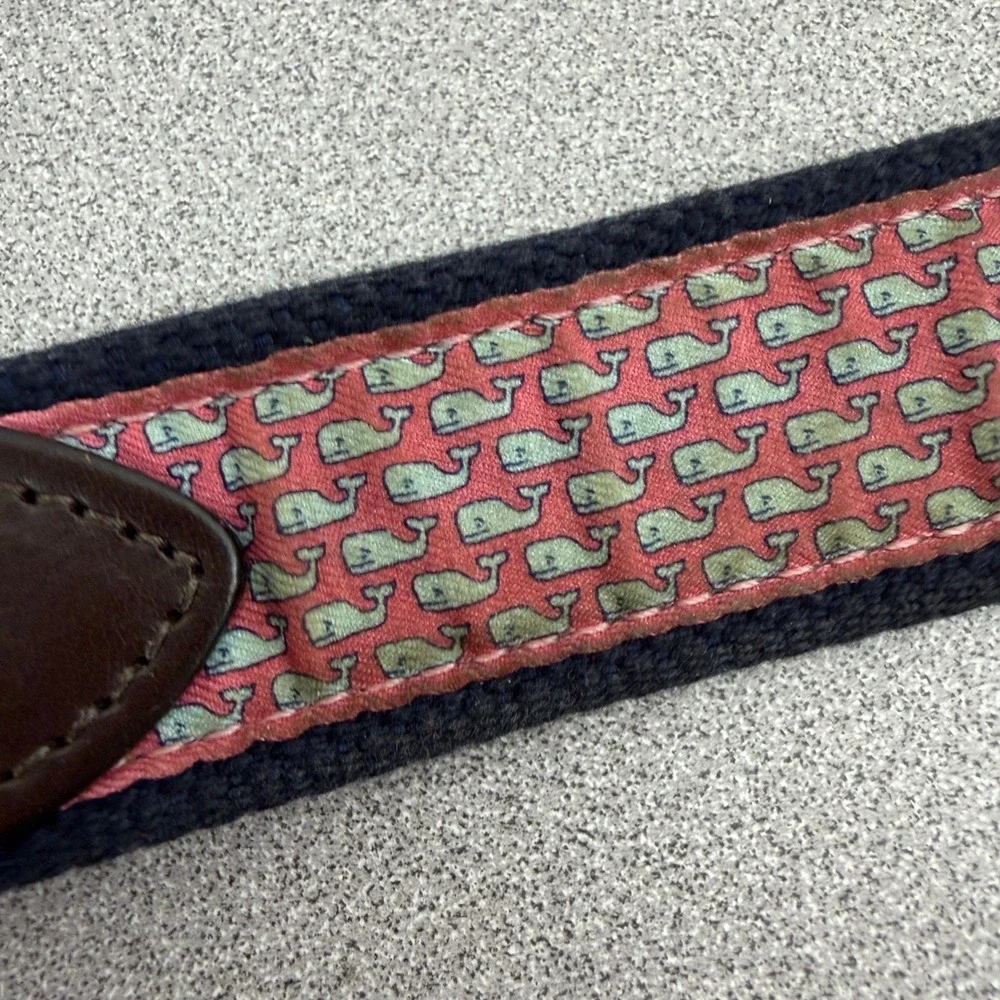 Vineyard Vines Belt Mens 34 Pink Navy Whale Print Silk Leather Canvas Preppy *